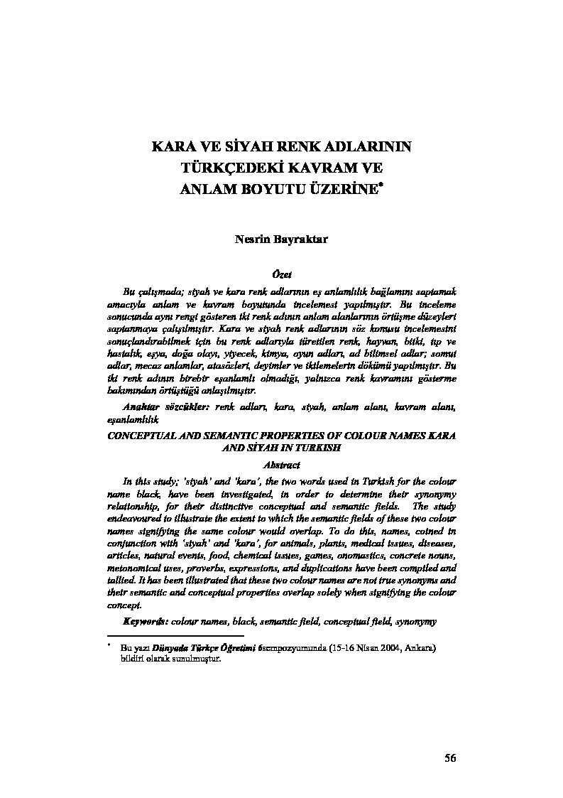 Nesrin Bayraqdar Qara Ve Siyah Reng Adlarinin Turkcedeki Qavram Ve Anlam Boyutu Uzerine Boya
