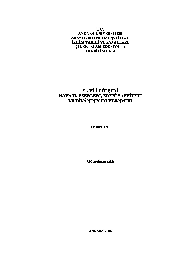 Zafi Gülşeni Hayatı-Eserleri-Edebi Şexsiyeti Ve Divanının Incelenmesi-Abdurrahman Adaq-2006-401s