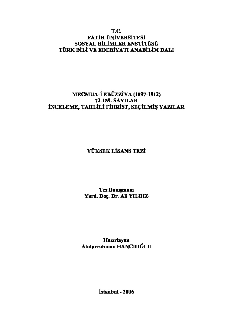 Mecmueyi Ebüzziya-(1897-1912)-72-159 Sayılar-Inceleme-Tahlili Fihrist-Seçilmiş Yazılar-Abdurrahman Xançıoğlu-2006-230s