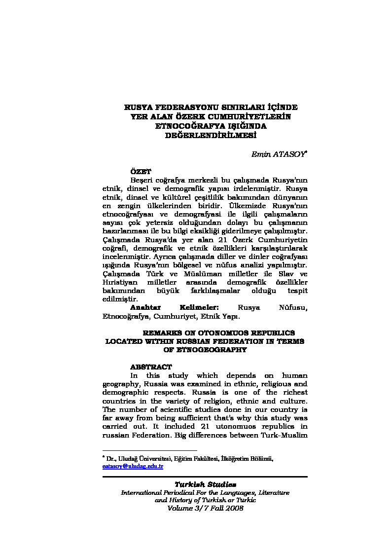 Rusya Federasyonu Sınıfları Içinde Yer Alan Özerk Cumhiriyyetlerin Etnoqrafya Işığında Değerlendirilmesi-Emin Atasoy-2008-42s