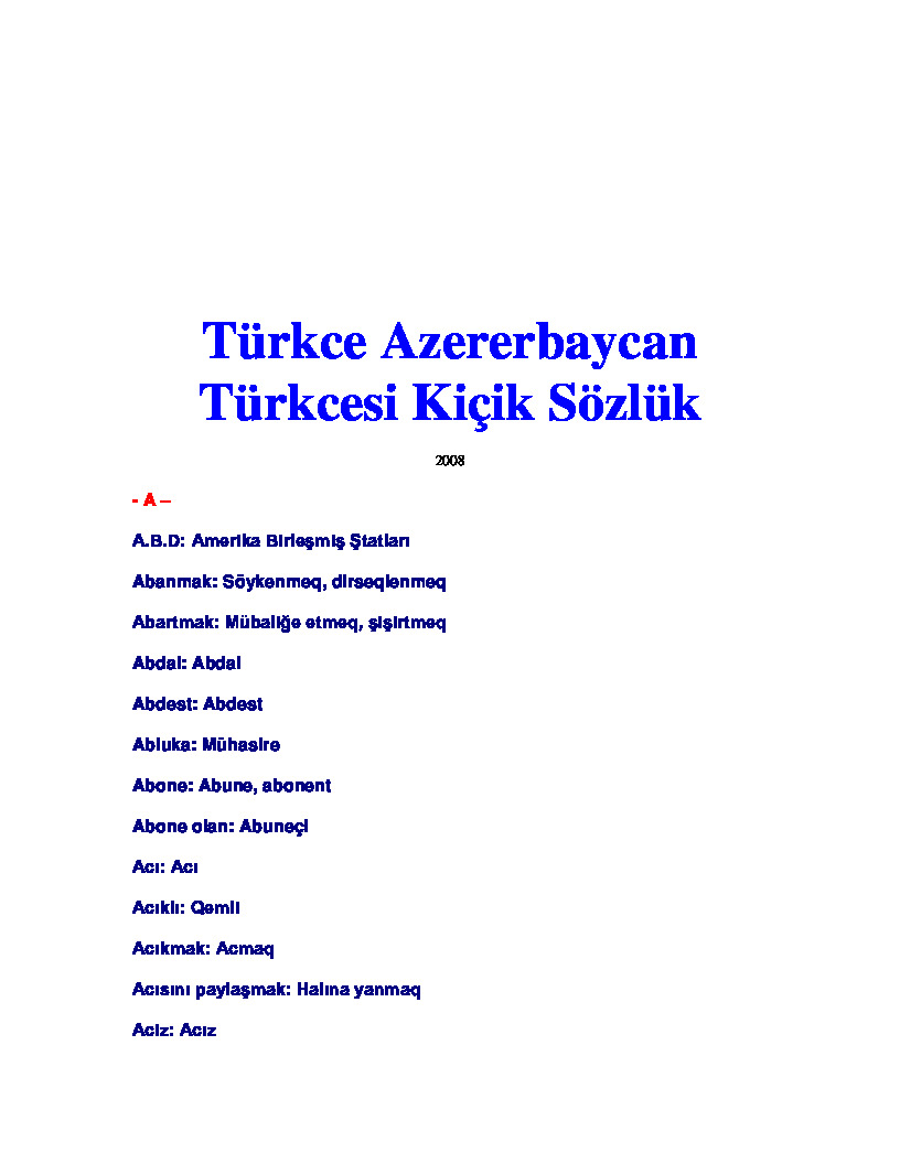 Turkce Azererbaycan Turkcesi  Kichik Sozluk