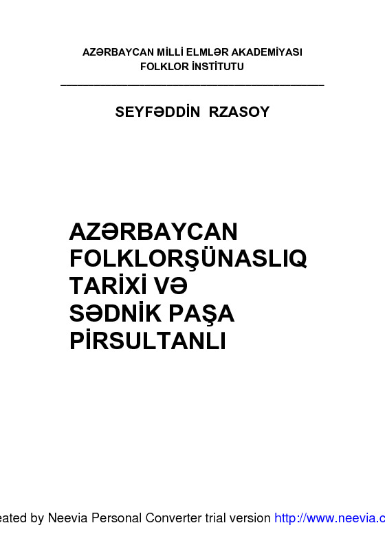 Azerbaycan Folklorşünaslıq Tarixi Ve Sednik Paşa Pirsultanlı-Seyfetdin Rzasoy-Baki-2008-240s