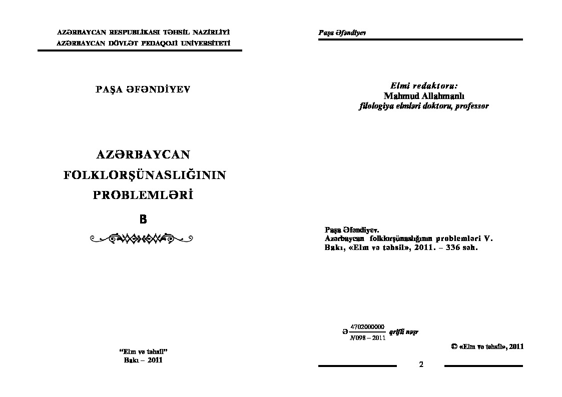 Azerbaycan Folklorşünaslığınınn Problemleri-Paşa Efendiyev-Baki-2011-336s
