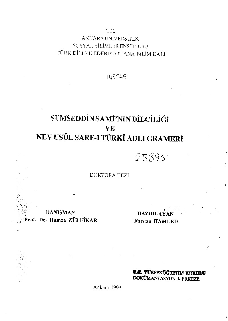 Şemsetdin Saminin Dilçiliği Ve Nev Usul Sarfı Türki Adlı Qrameri-Furqan Hamid-Ankara-1993-179s
