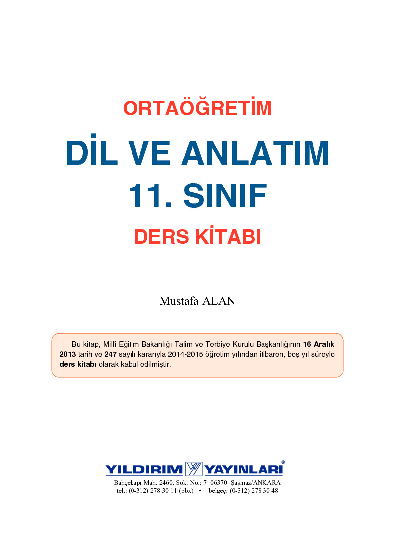 Ortaoğretim Dil Ve Anlatım Ders Kitabı-11.Sinif-Mustafa Alan-2016-186s