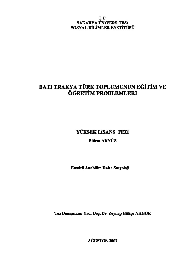 Batı Trakya Türk Toplumunun Eğitim Ve Oğretim Problemleri-Bulend Akyüz-2007-71s