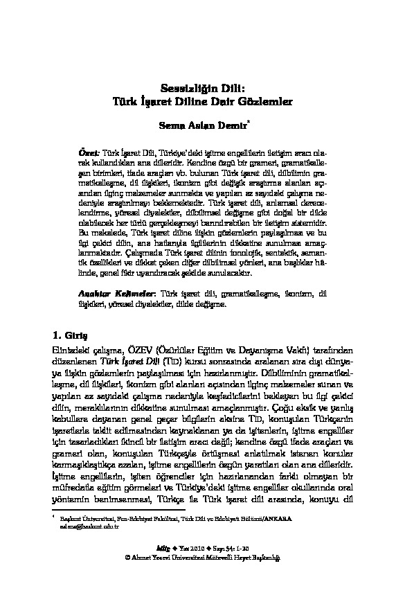 Sessliğin Dili-Türk Işaret Diline Dair Gözlemler-Sema Aslan Demir-2010-284s