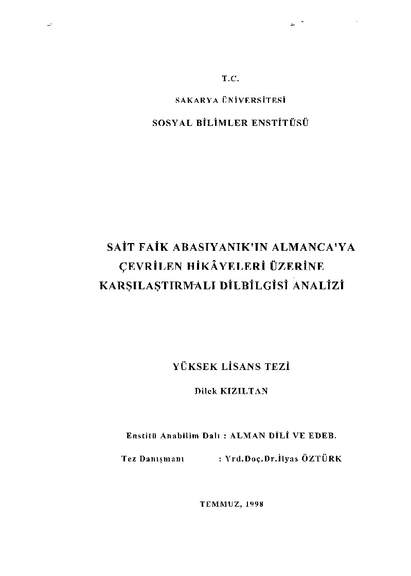 Seid Faiqin Abasiyanikin Almancaya çevrilen Hikayeleri üzerine Qarshilashdırmalı Dilbilgisi Analizi-Dilek Qızıldan-1998-88