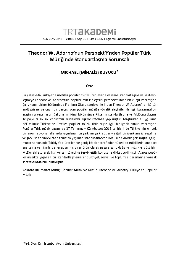 Theodor W.Adornoun Perspektifinden Populer Türk Müziğinde Standartlaşma Sorunsalı-Mikail Quyunçu-21s