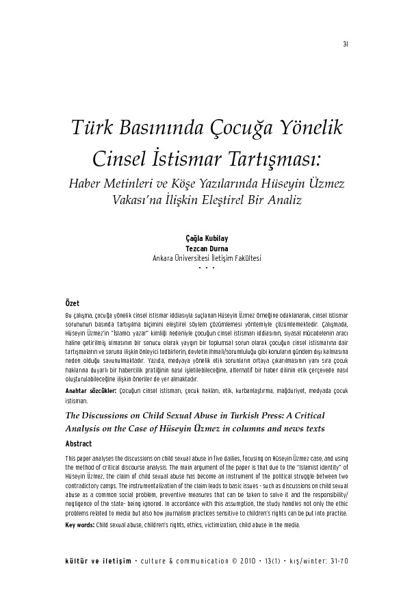 Türk Basınında Cocuğa Yönelik Cinsel Istismar Dartışması-Çağla Kubilay-Tezcan Durna-2010-35s