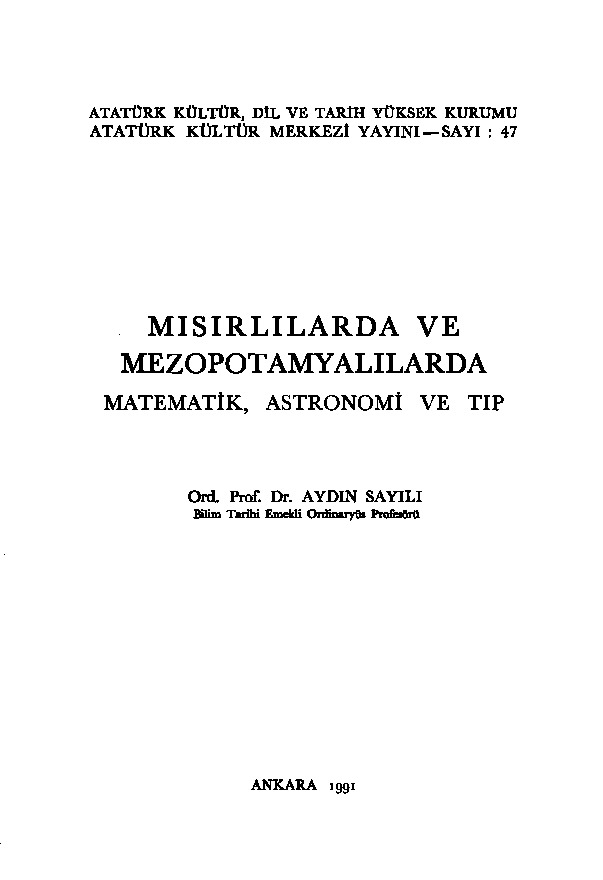 Mısırlılarda Ve Mezopotamyalılarda Matematik Astronomi Ve Tip-Aydın Sayılı-1991-534s