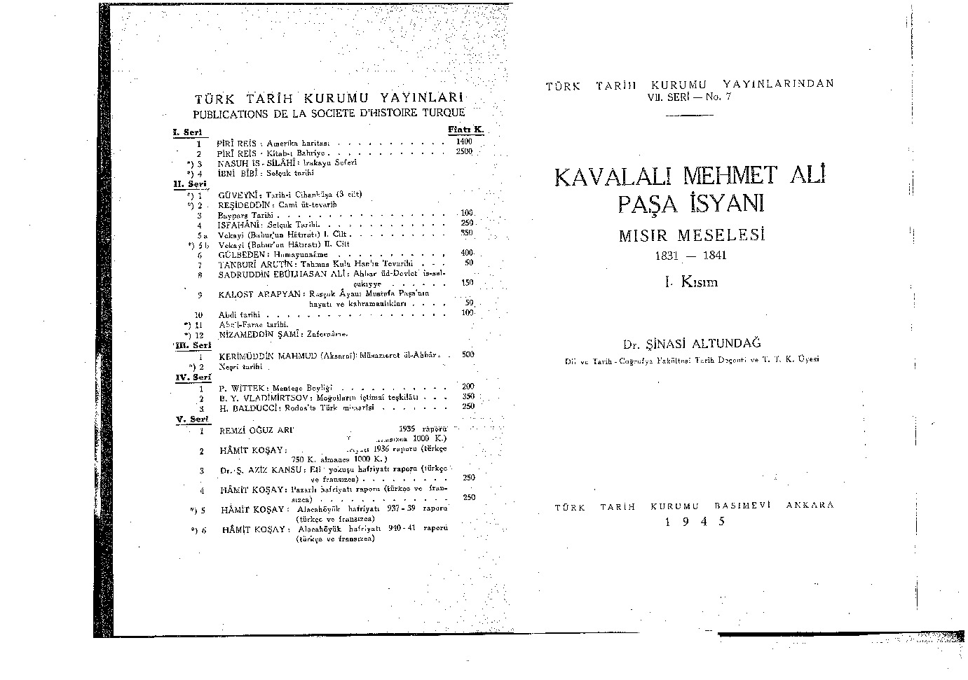 Kavalalı Mehmed Ali Paşa usyani-Misir Meselesi-1-Şinasi Altundağ-1945-170s
