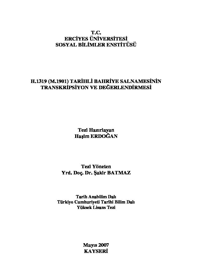 H.1319 (M.1901) Tarixli Behriye Salnamesinin Transkripsiyon Ve Değerlendirmesi-Haşım Erdoğan-2007-582
