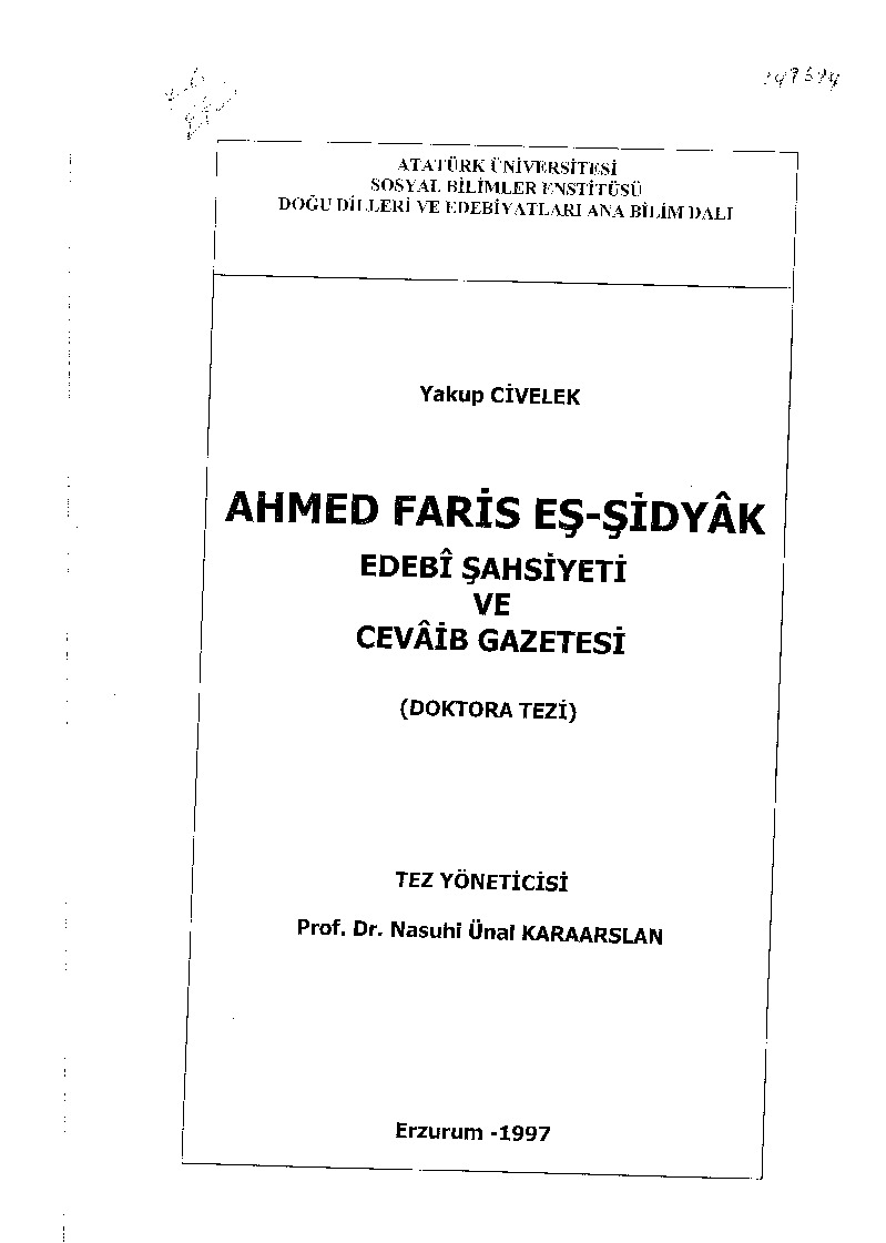 Ahmed Faris Eshshidyaq  Edebi Shahsiyeti Ve El-Cevaib Gazetesi-Yaqub Civelek-1997-504s