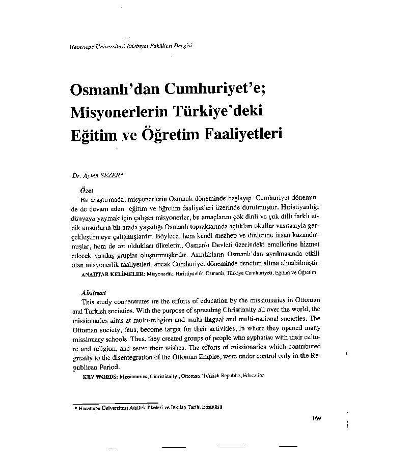 Osmanlıdan Cumhuriyete Misyonerlerin Türkiyedeki Eğitim ve .Oğretim çalışmalari Dr. Ayten sezer15