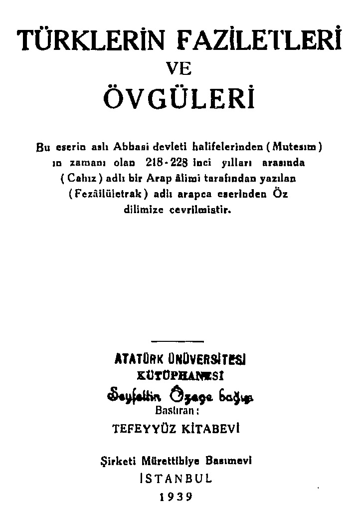 Mötesim Abbasi Dövrü-218.228H-Cahiz Adlı Yazar-Türklerin Faziletleri Ve Övgüleri-Osman Fevzi Olcay-1939-28s