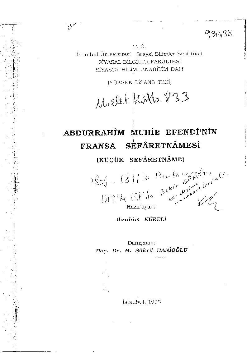 Fransa Sifaretnamesi-Küçük Sifaretname-Abdurrahim Muhib Efendinin-İbrahim Küreli-1992-181s