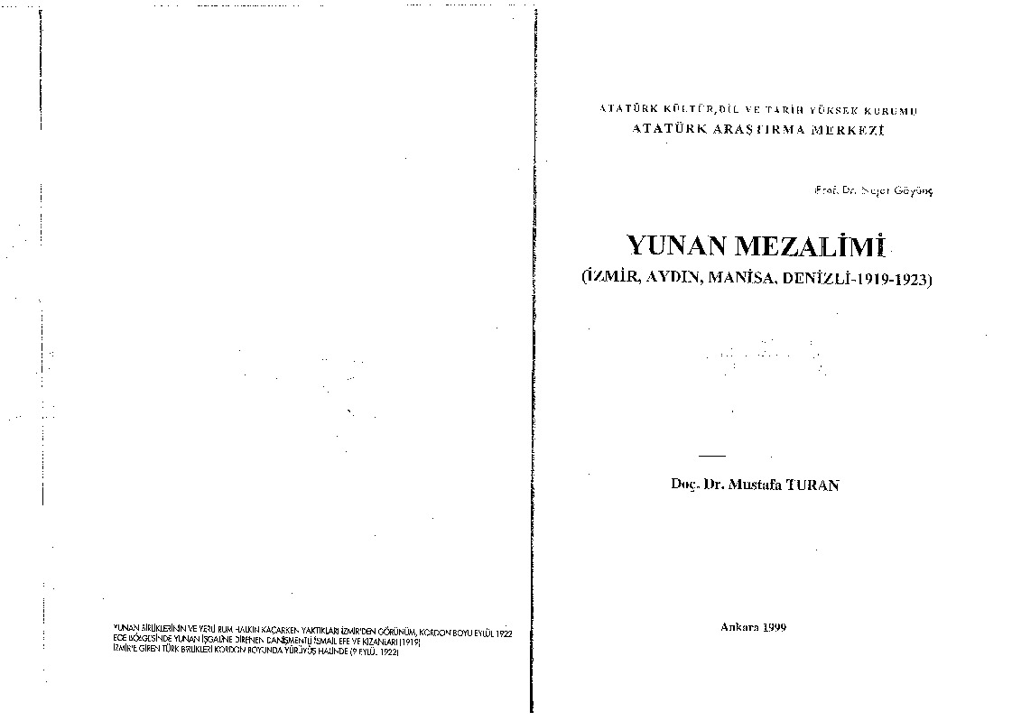 Yunan Mezalimi-İzmir-Aydın-Manisa-Denizli-1919-1923-Mustafa Turan-1999-495s