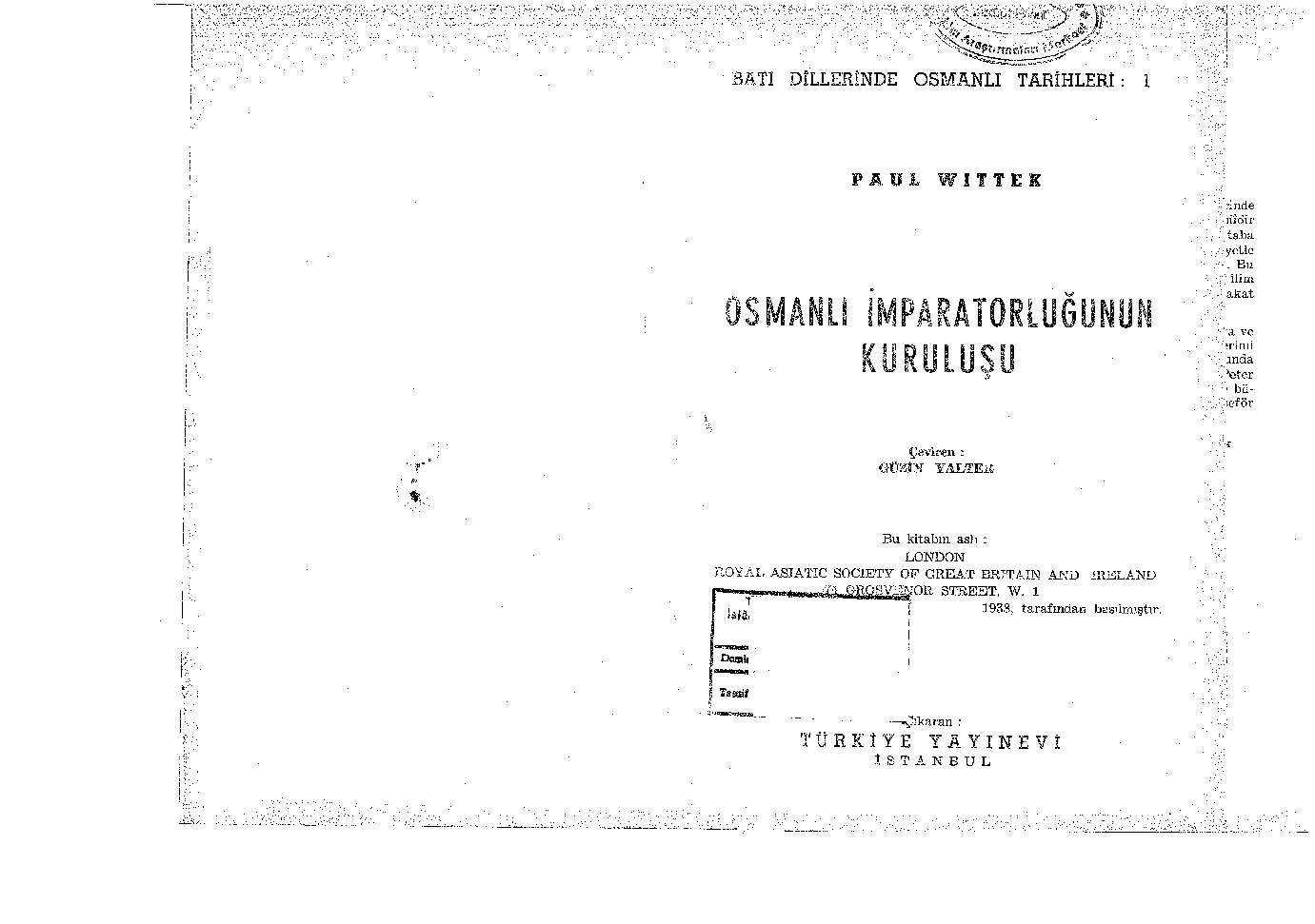 Osmanlı Impiraturluğunun Quruluşu-Paul Wittek-Güzin Yalter-1925-330s