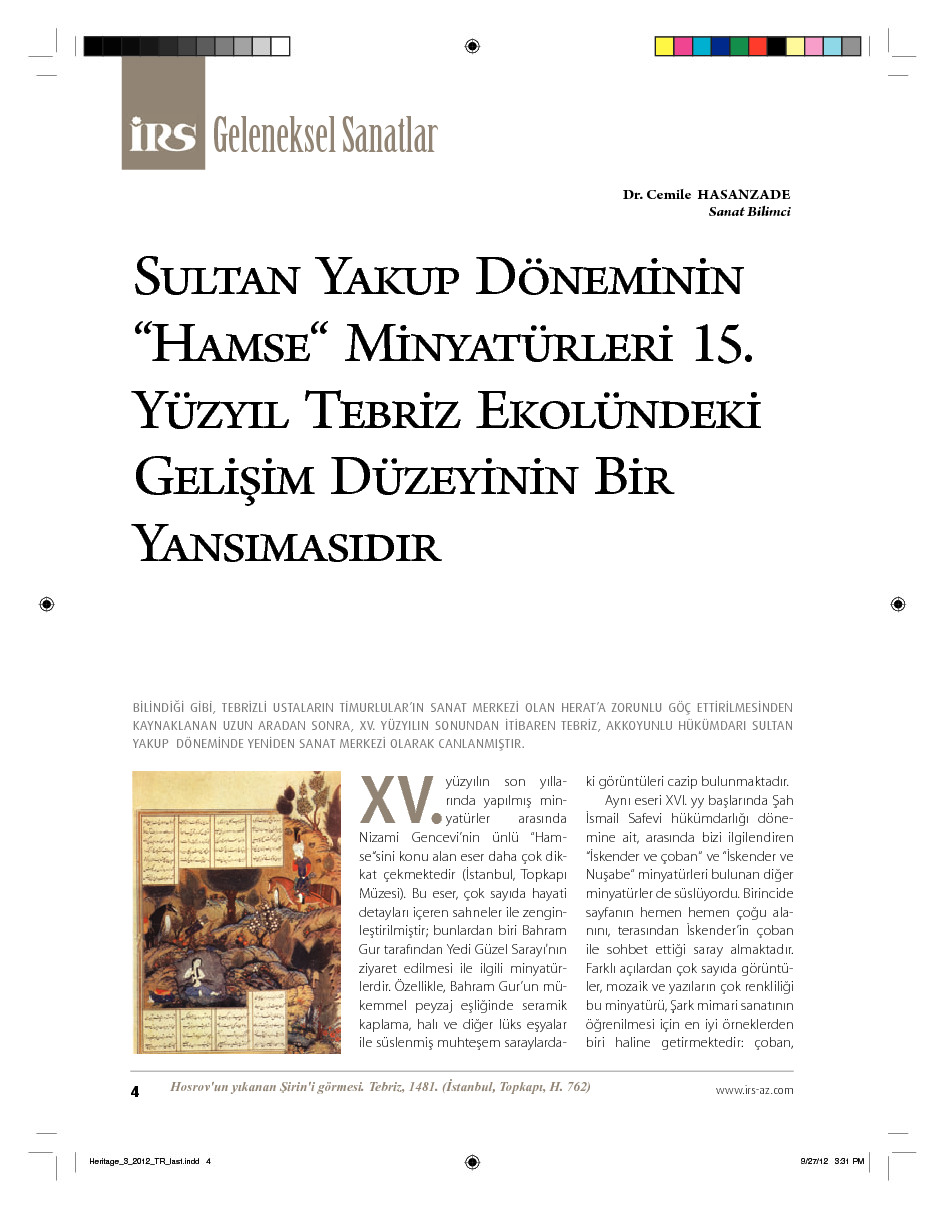 Sultan Yaqub Dönemininin Xemse Minyatürleri 15.Yüzyıl Tebriz Ekolundaki Gelişim Düzeyinin Bir Yansımasıdır-Cemile Hasanzade-10s+Sultanın Ölümüne-Mirali Sultan Hüseyin-21s
