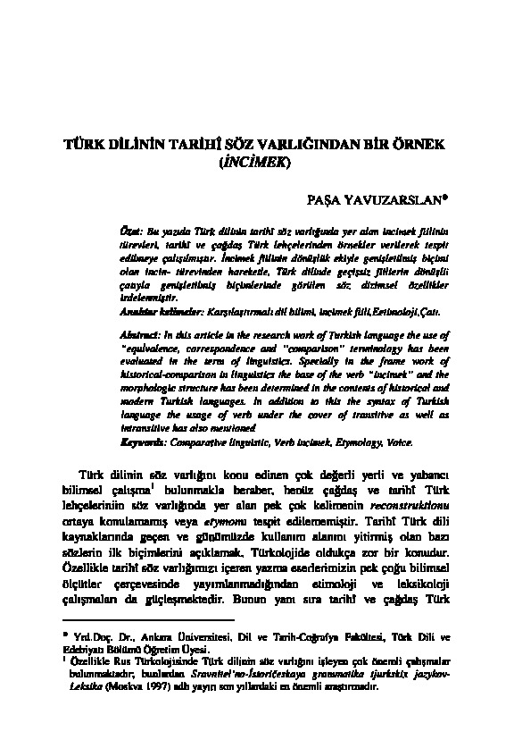 Paşa Yavuzarslan - Türk Dilinin Tarixi Söz Varlığından Bir Örnek - İncimek - Makale