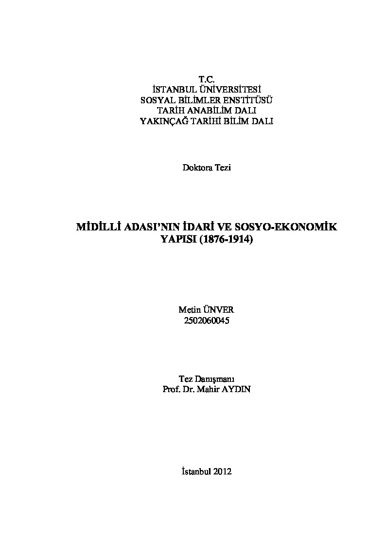 Midilli Adasının Idari Ve Sosyo-Ekonomik Yapısı 1876-1914-Metin Unver-2012-498s