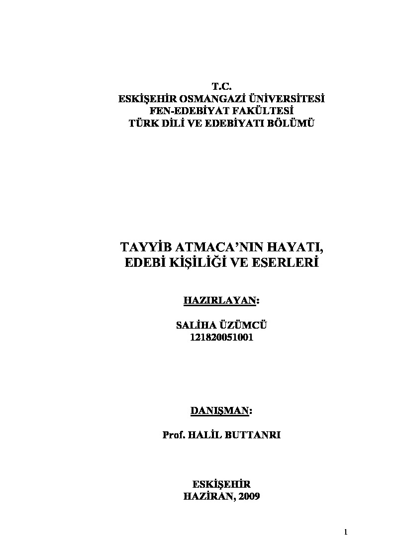 Tayyib Atmacanın Hayatı-Edebi Kişiliği Ve Eserleri-Yasan-Saliha Üzümçü-2009-74s