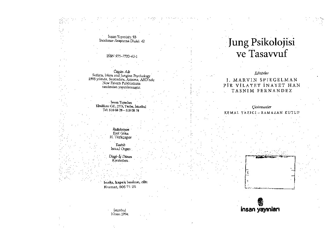 Jung Psikolojisi Ve Tasavvuf -J.Marvin Spiegelman-Pir Vilayet Inayetxan-Tasnım Fernandez-Çev-Kemal Yazıçı-Ramazan Qutlu-1989-185s