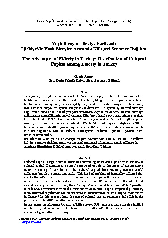 Yaşlı bireyin türkiye serüveni-türkiye Yaşlı bireyler arasında kültürel sermaya Dağılımı-Özgür Arun-24s