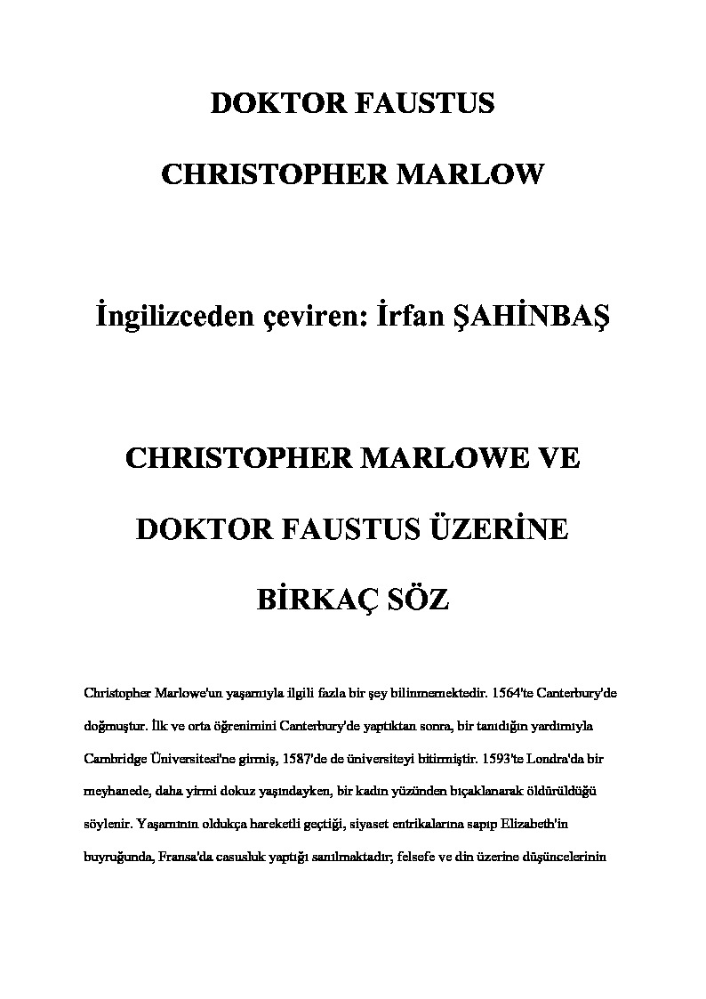 Christopher Marlowe Ve Doktor Faustus Üzerine Bir Kaç Söz-Irfan Şahinbaş-1997-112s