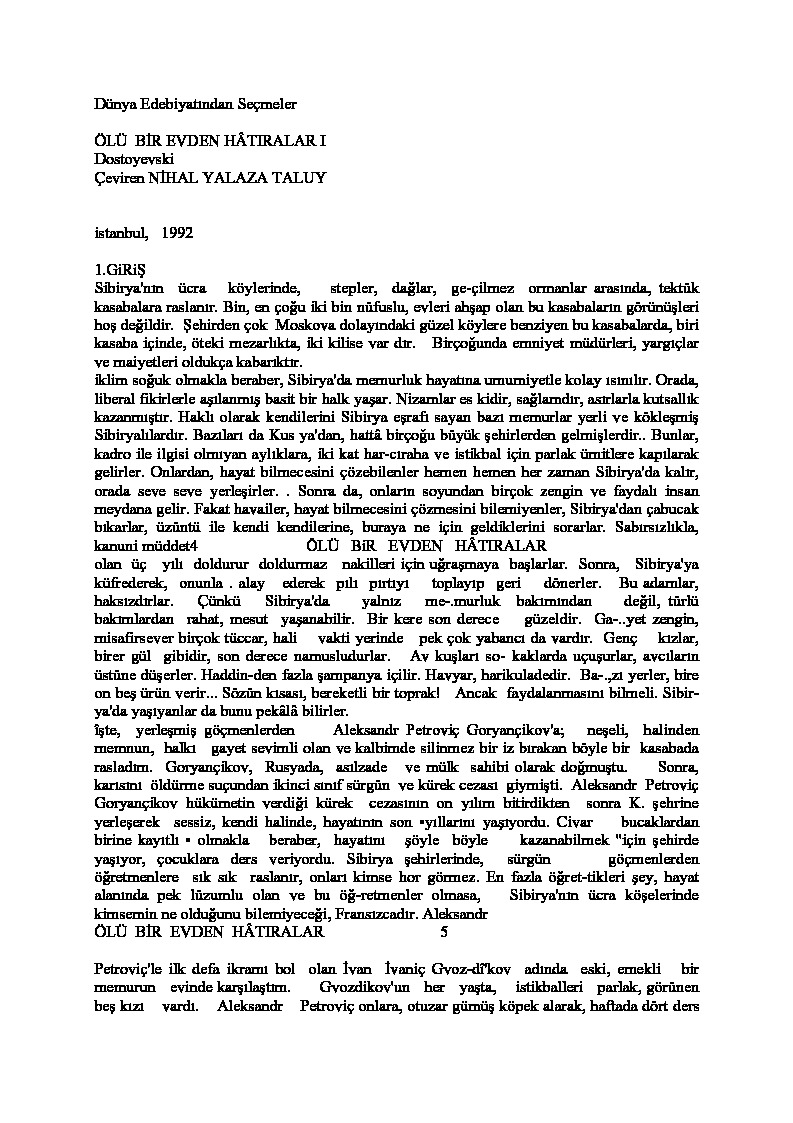 Ölü Bir Evden Xatıiralar-Dostoyevski-Nihal Yalaza Taluy-1992-204s