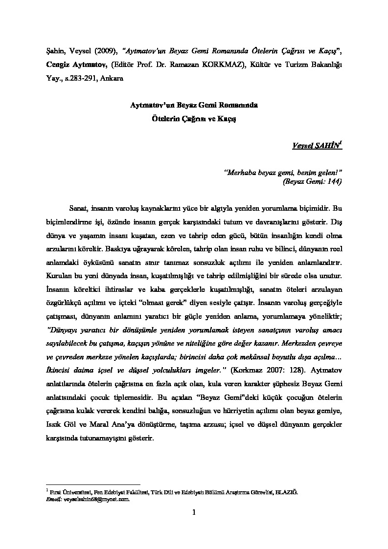 Beyaz Gemi Cingiz Aytmatov Refiq Ozdek 2002 266s Beyaz Gemi Adli Rumandaki Yuce Birey Arkatipi Sema Ozher 10s