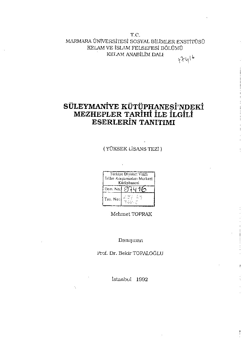 Süleymaniye Kütübxanasındaki Mezhebler Tarixi Ile Ilgili Eserlerin Tanıtimı-Mehmed Topraq-1992-74s