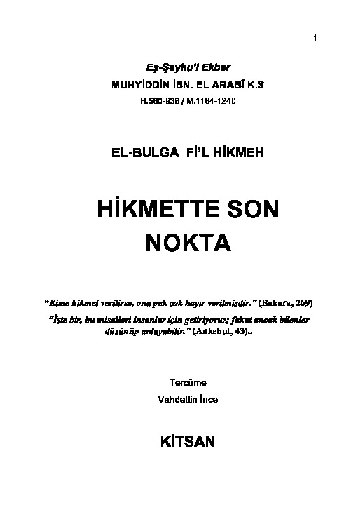 El Bulqa Fil Hikmeh-Hikmetde Son Nukde-Mühyitdin Ibn Erebi-Vehdetdin Ince-1989-406s