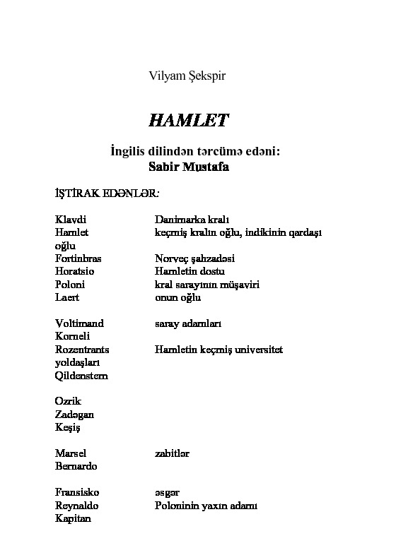 Hamlet-Vilyam şekspir-Çev-Sabir Mustafa-Baki-2004-158s