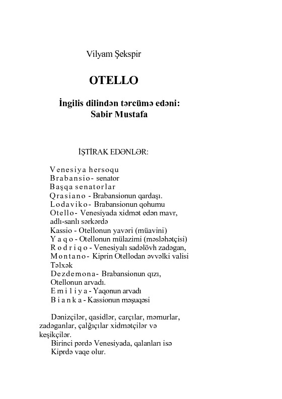 Otello-Vilyam Şekspir-Çev-Sabir Mustafa-Baki-2010-173s