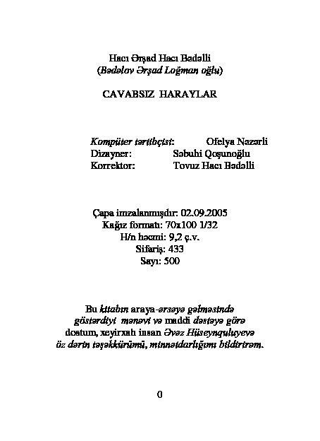 Cavabsız Haraylar-Şiirler-Hacı Erşad Hacı Bedelli-Baki-2005-292s