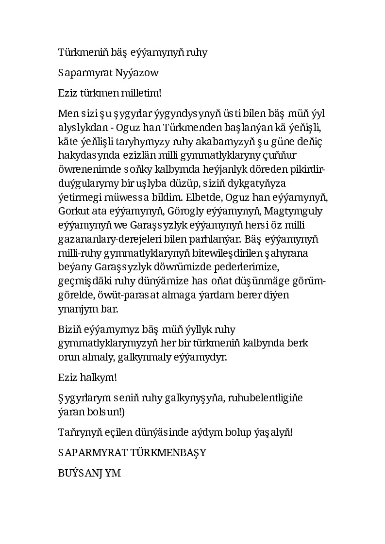 Türkmeninğ Baş Eyyamynınğ Ruhı Sefemurad Niyazov-Türkmence-Ebced-298s