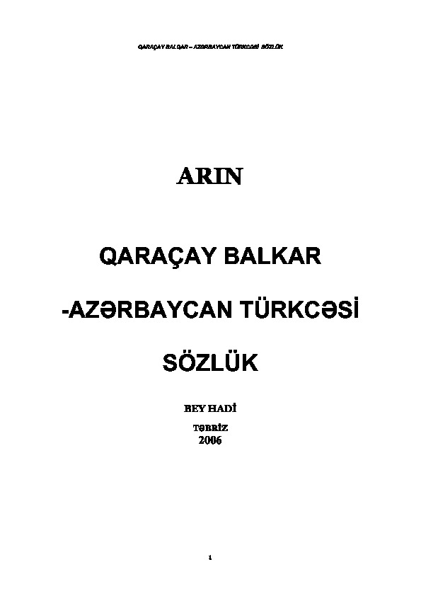 Arın-Qaraçay Balkar – Azərbaycan türkcəsi sözlük-*bey hadi