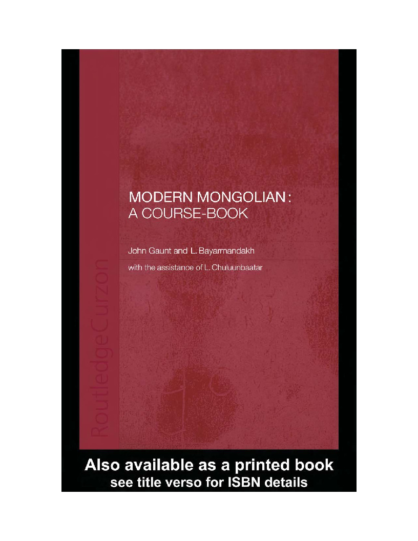 Modern Mongolian-A Course Book John Gaunt And L-Bayarmandakh