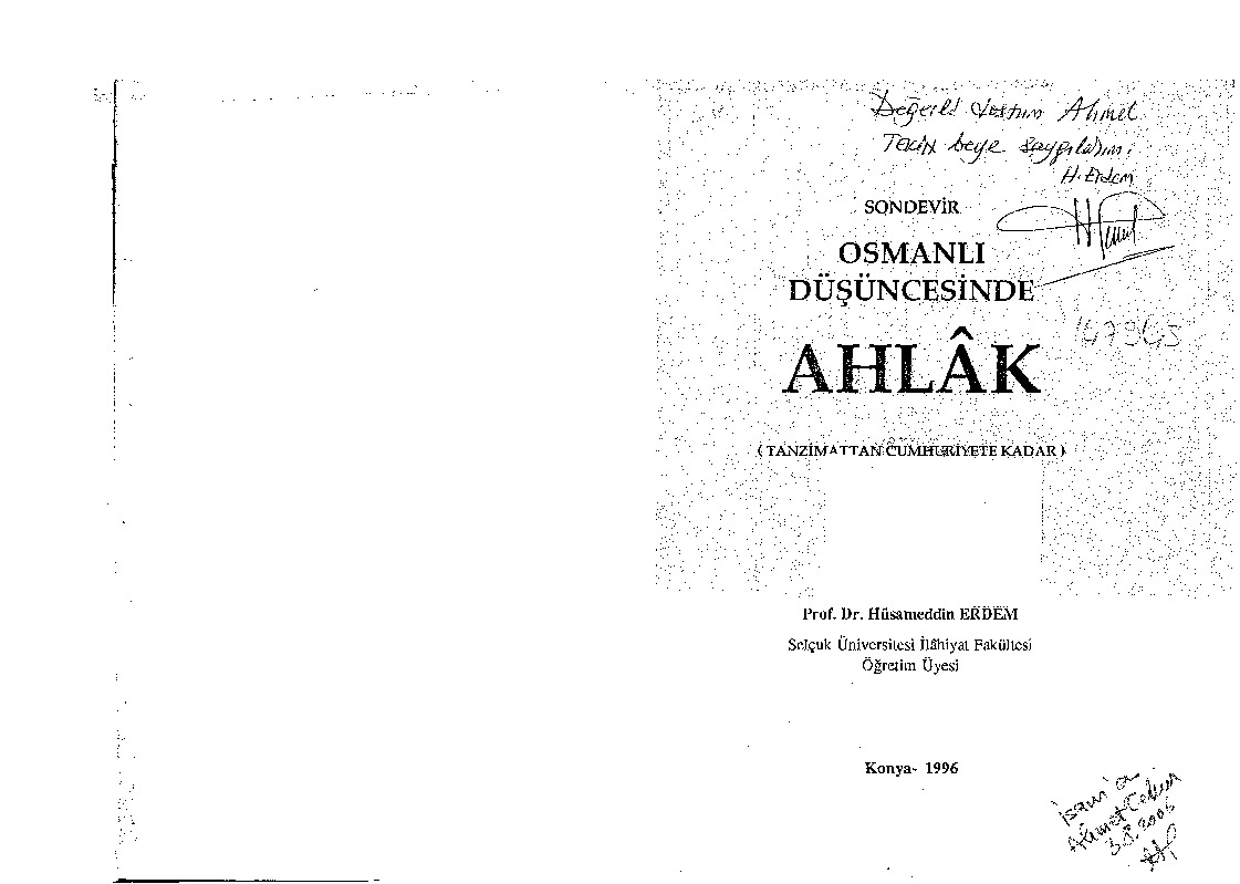 Sondevir Osmanlı Düşüncesinde Axlaq-Tanzimatdan Cumhuriyete Kadar-Hüsametdin Erdem-1996-177s