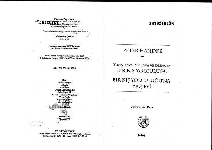 Bir Kişi Yolçuluğu-Peter Handke-Sezer Duru-1996-129s