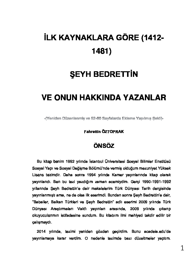 İlk Qaynaqlara Göre (1412-1481) Şeyx Bedretdin Ve Onun Haqqında Yazanlar-Fexretdin Öztopraq-1992-73s